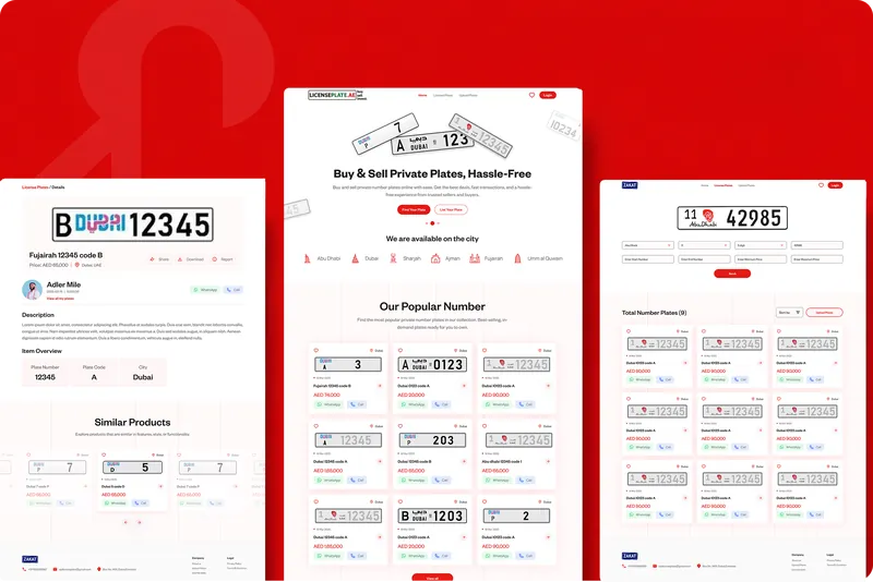 Zakat number plate marketplace screens: plate detail, home page and plate listing