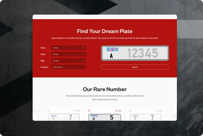 Zakat Find Your Dream Plate search with a Dubai plate preview and rare numbers