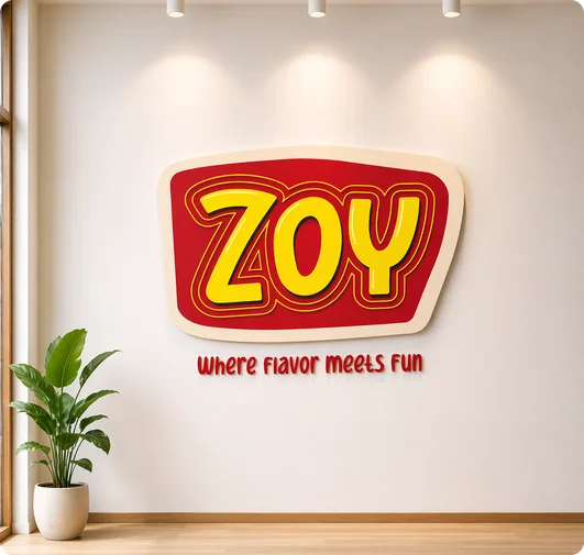 Zoy restaurant interior with large red and yellow logo on white wall