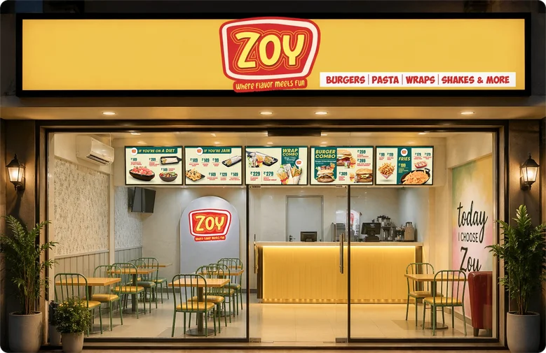 Zoy restaurant storefront with yellow signage and glass entrance