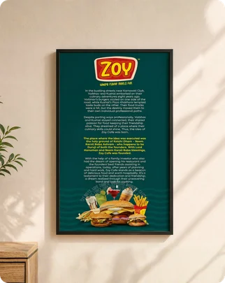 Zoy menu board with brand story and food illustrations on dark green background