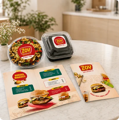 Zoy branded food containers and marketing flyers on marble table