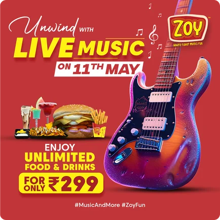 Zoy live music event poster with unlimited food and drinks offer