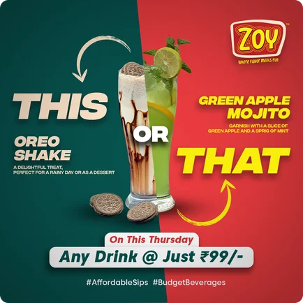 Zoy This or That drink offer comparing Oreo shake and Green Apple Mojito