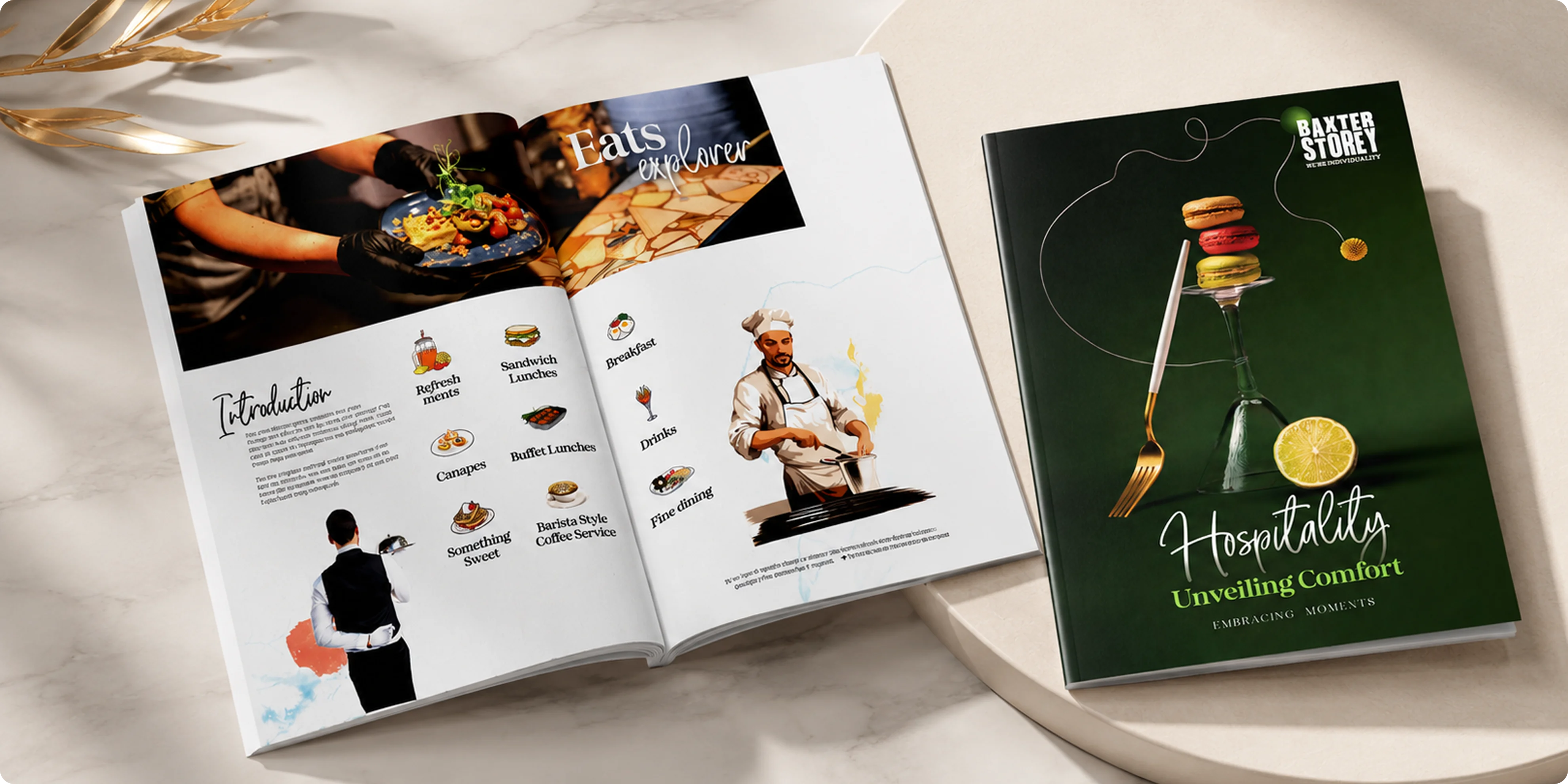 Baxter Story hospitality menu design with cover and food explorer spread