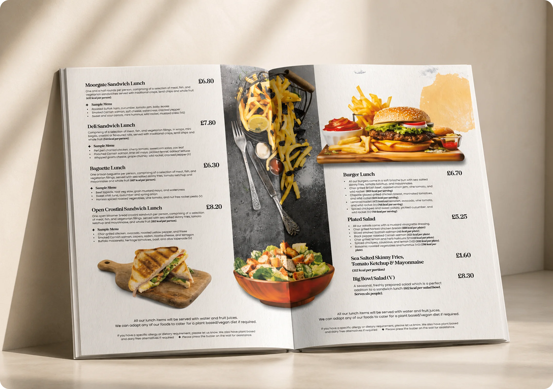 Baxter Story burger and pasta lunch menu design