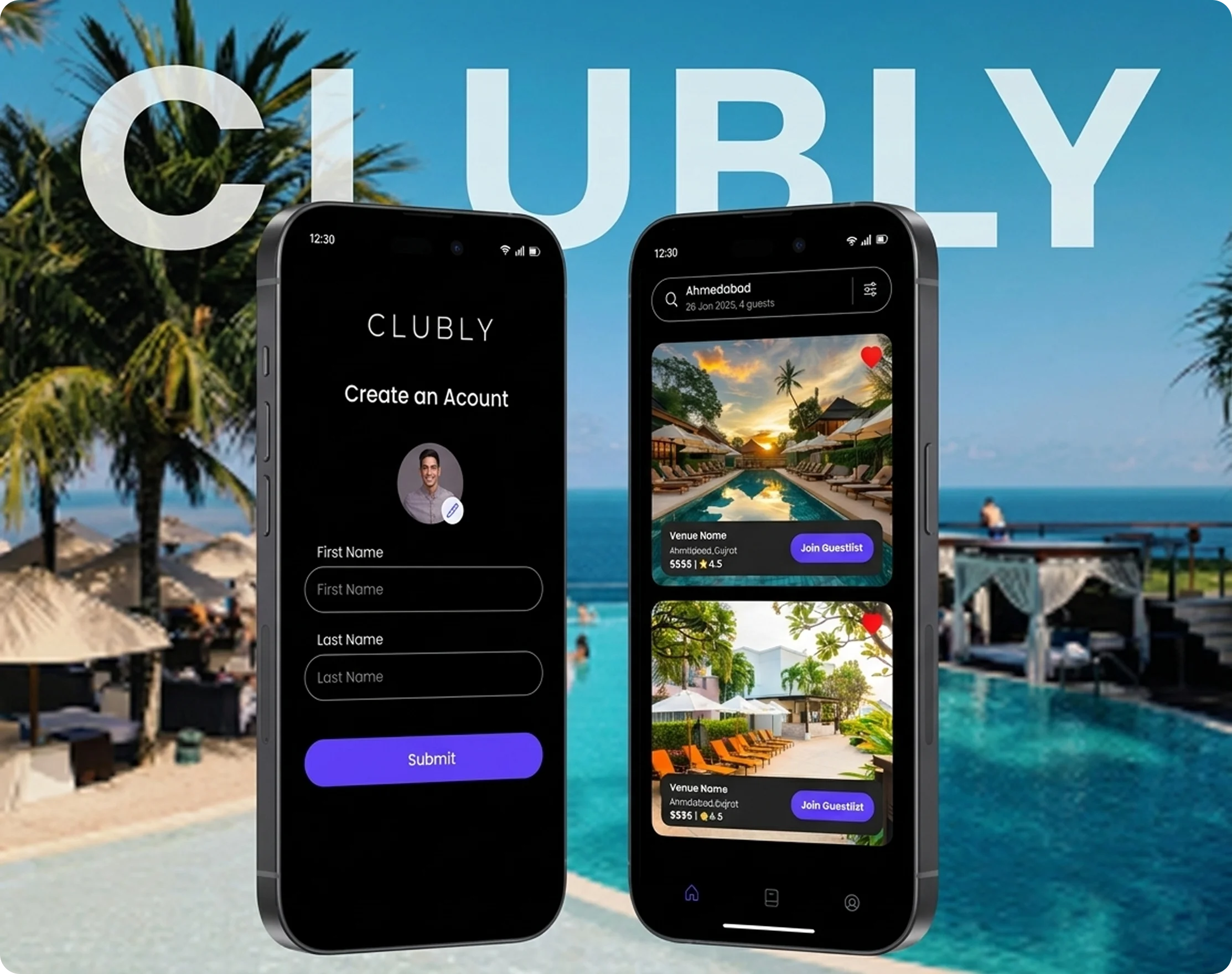 Clubly mobile app screens showing account creation and venue discovery