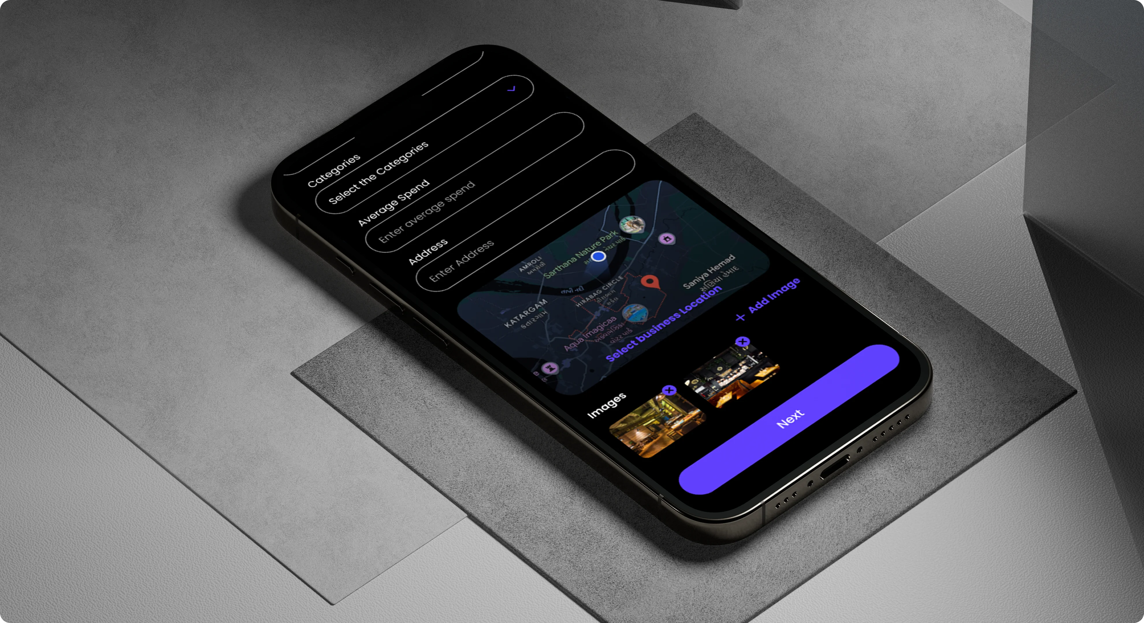 Clubly venue profile creation screen with map integration