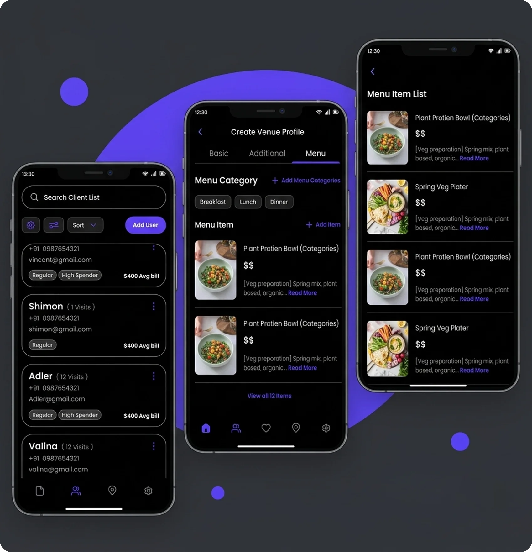 Clubly venue management dashboard with menu and guest list features