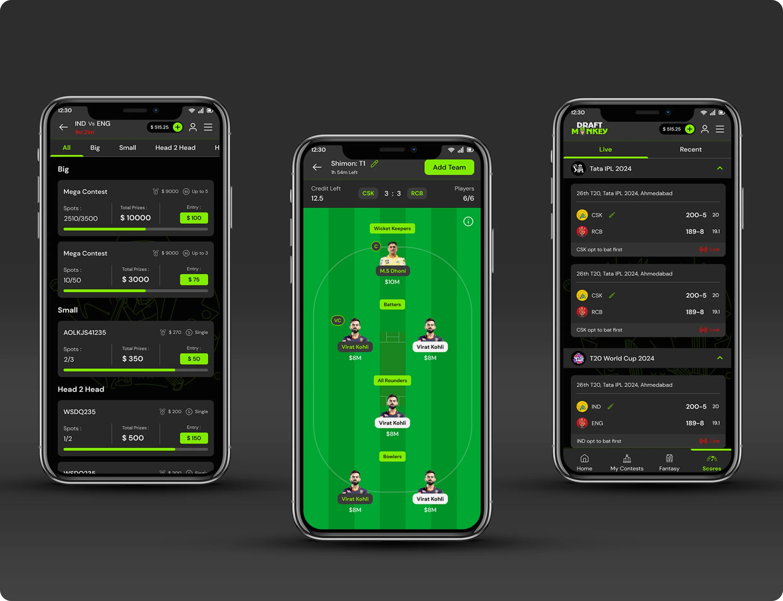 Draft Monkey fantasy cricket app match lineup, contest overview and leaderboard screens