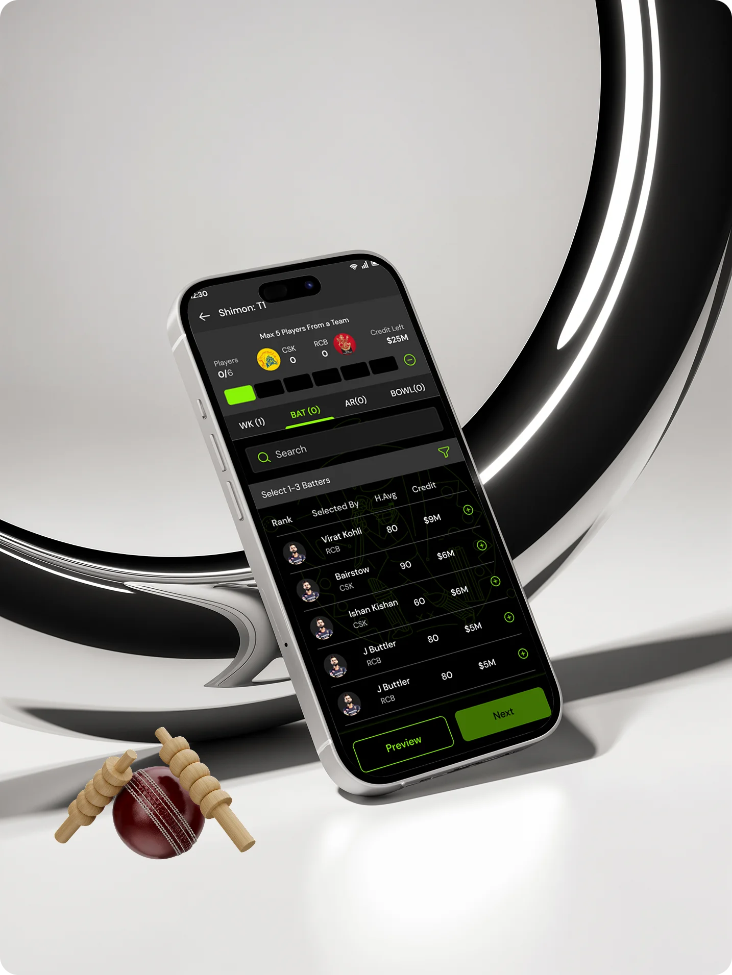 Draft Monkey fantasy cricket app player selection and team building screen