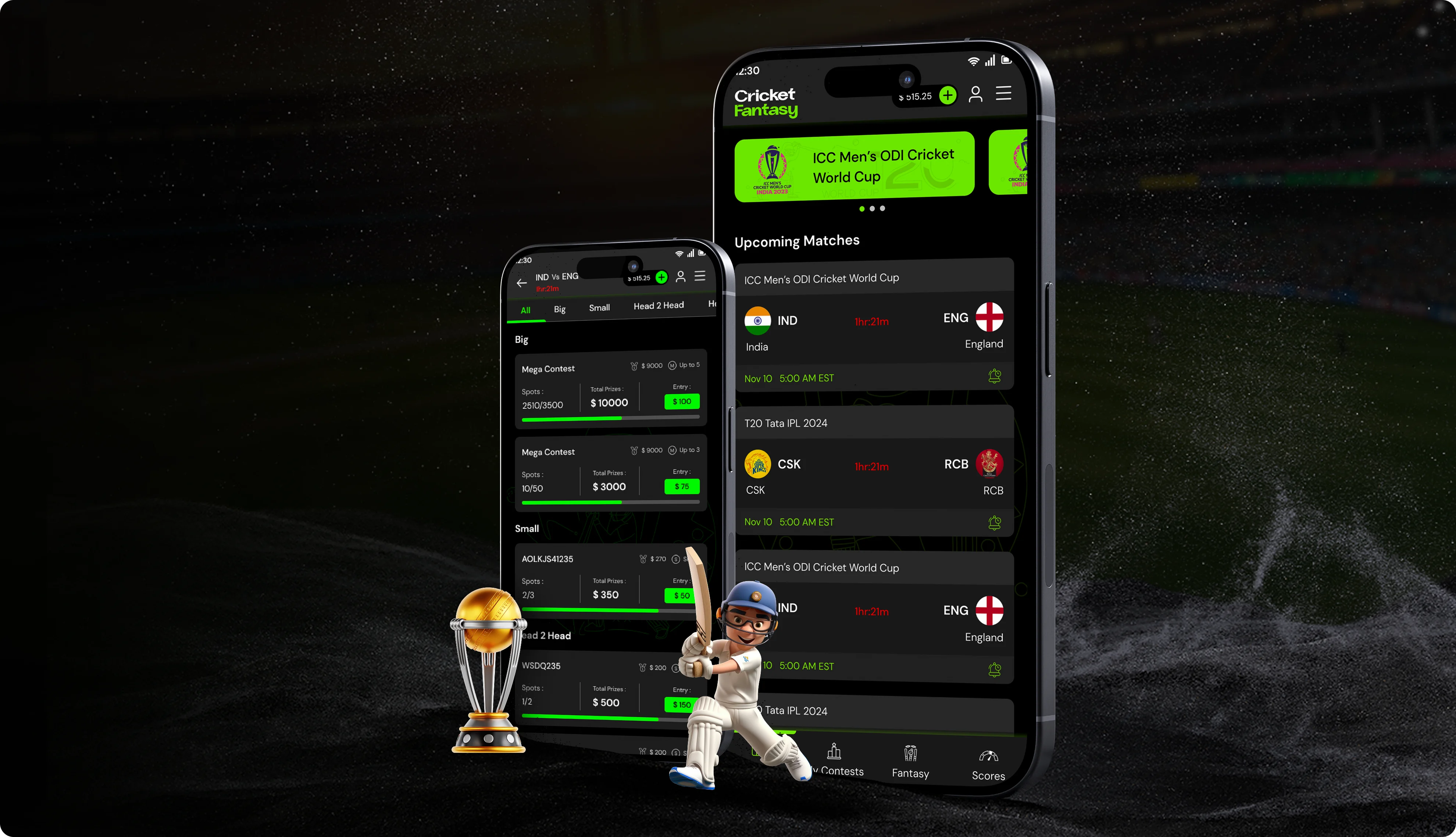 Draft Monkey fantasy cricket app home screen with upcoming matches, cricket player mascot and trophy