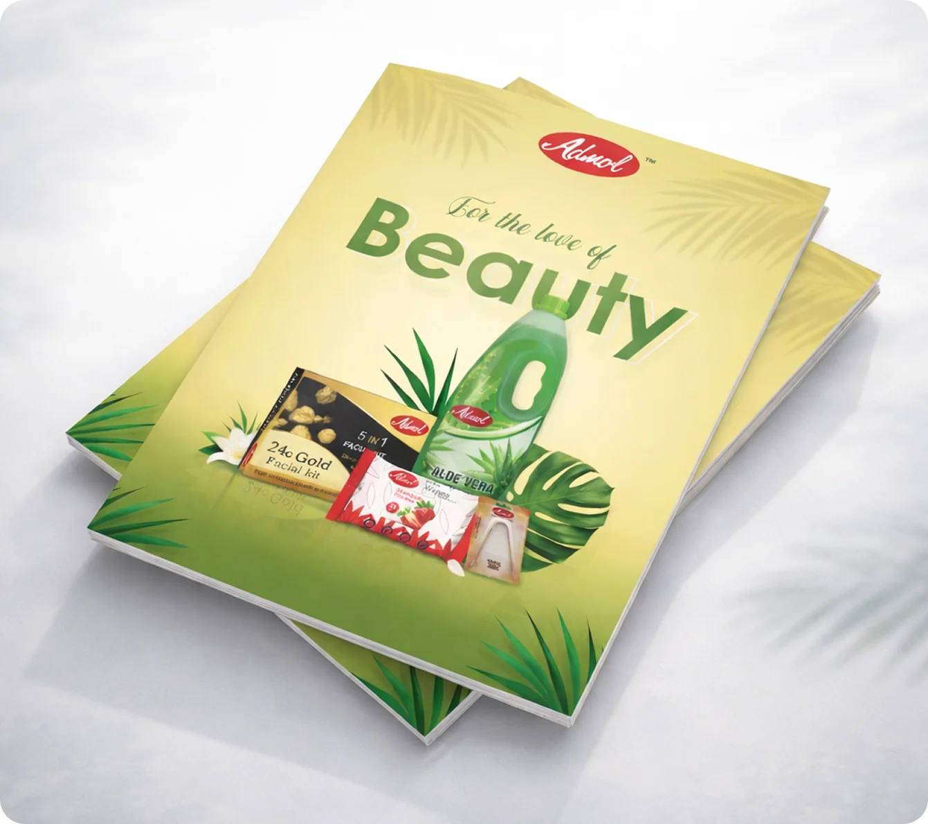 Admol Care beauty brochure cover with green branding