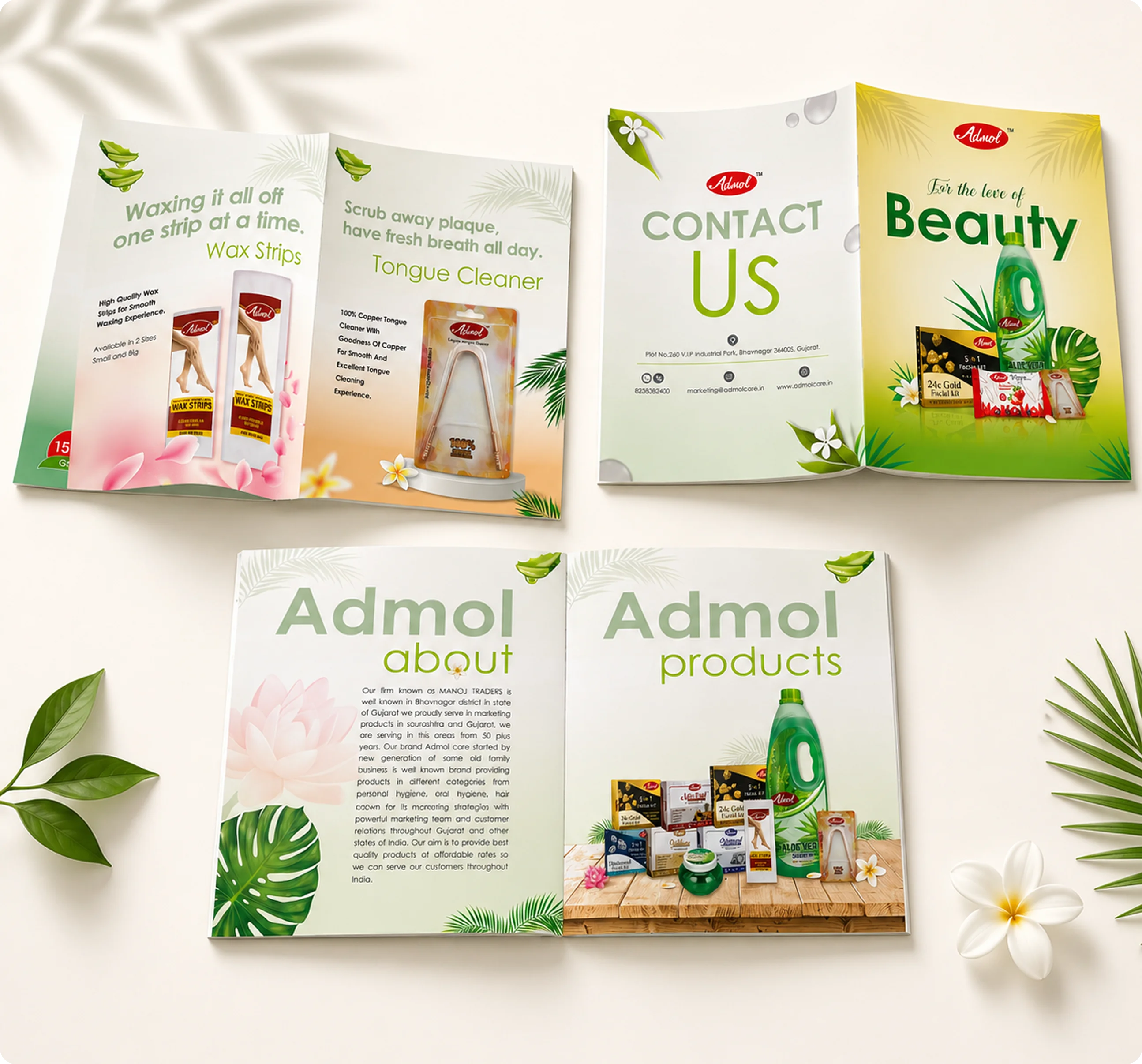 Admol Care brochure spread showing six pages of healthcare marketing collateral