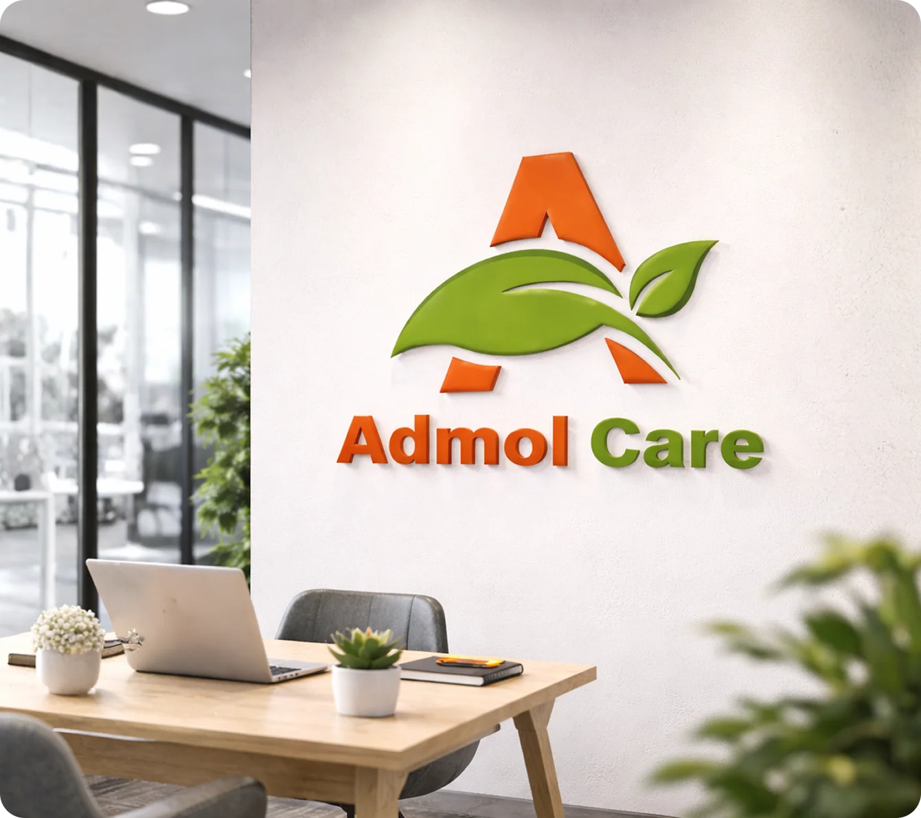 Admol Care logo mockup displayed on a modern office wall