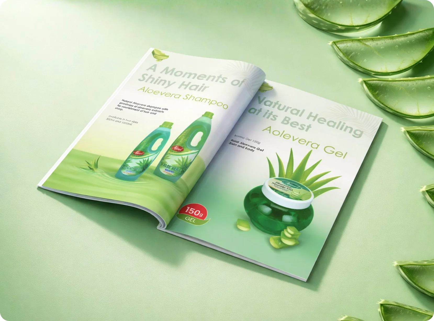 Admol Care open brochure featuring aloe vera products and skincare visuals