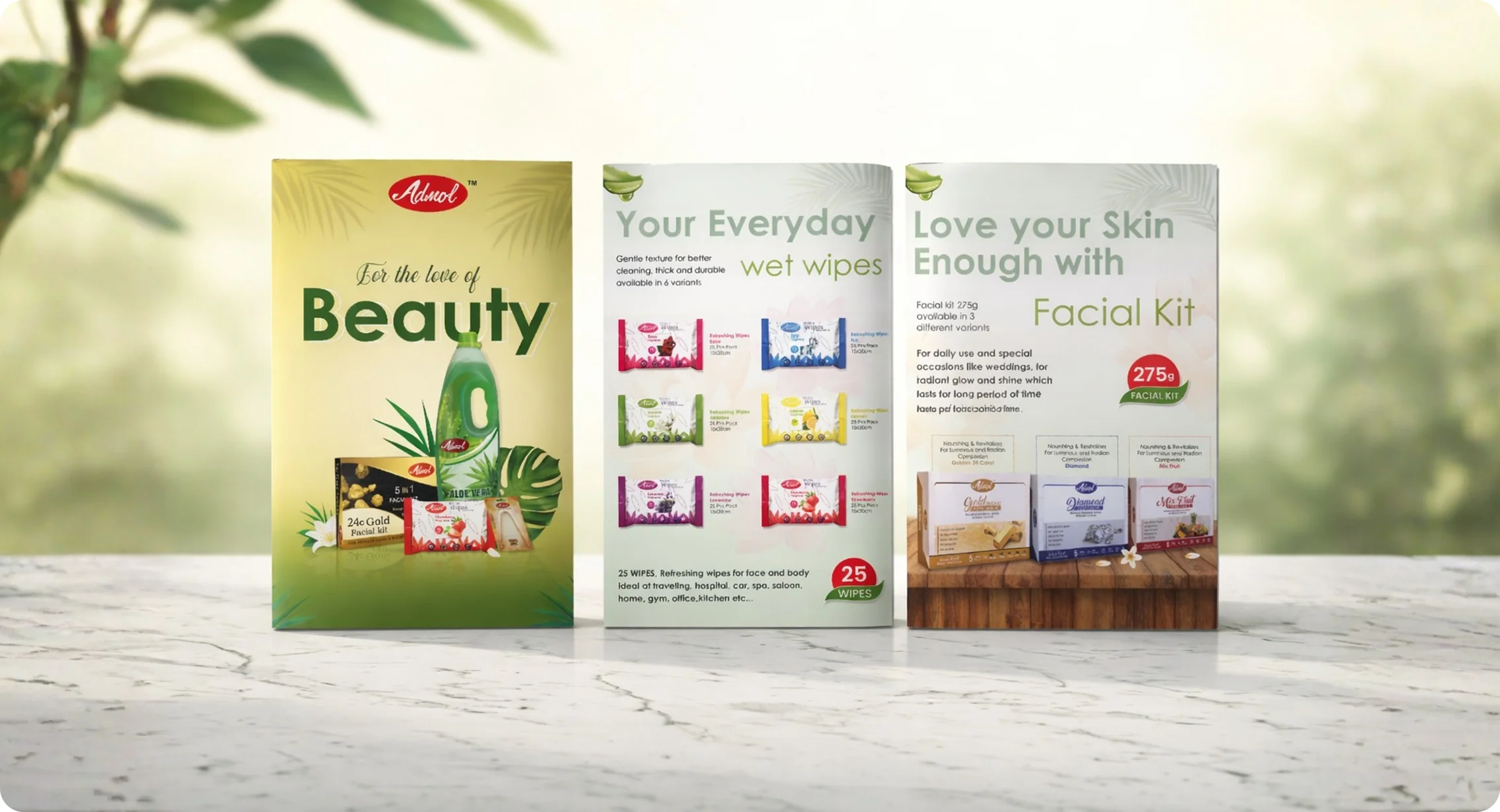 Admol Care product lineup showcasing beauty, wet wipes, and facial kit collections
