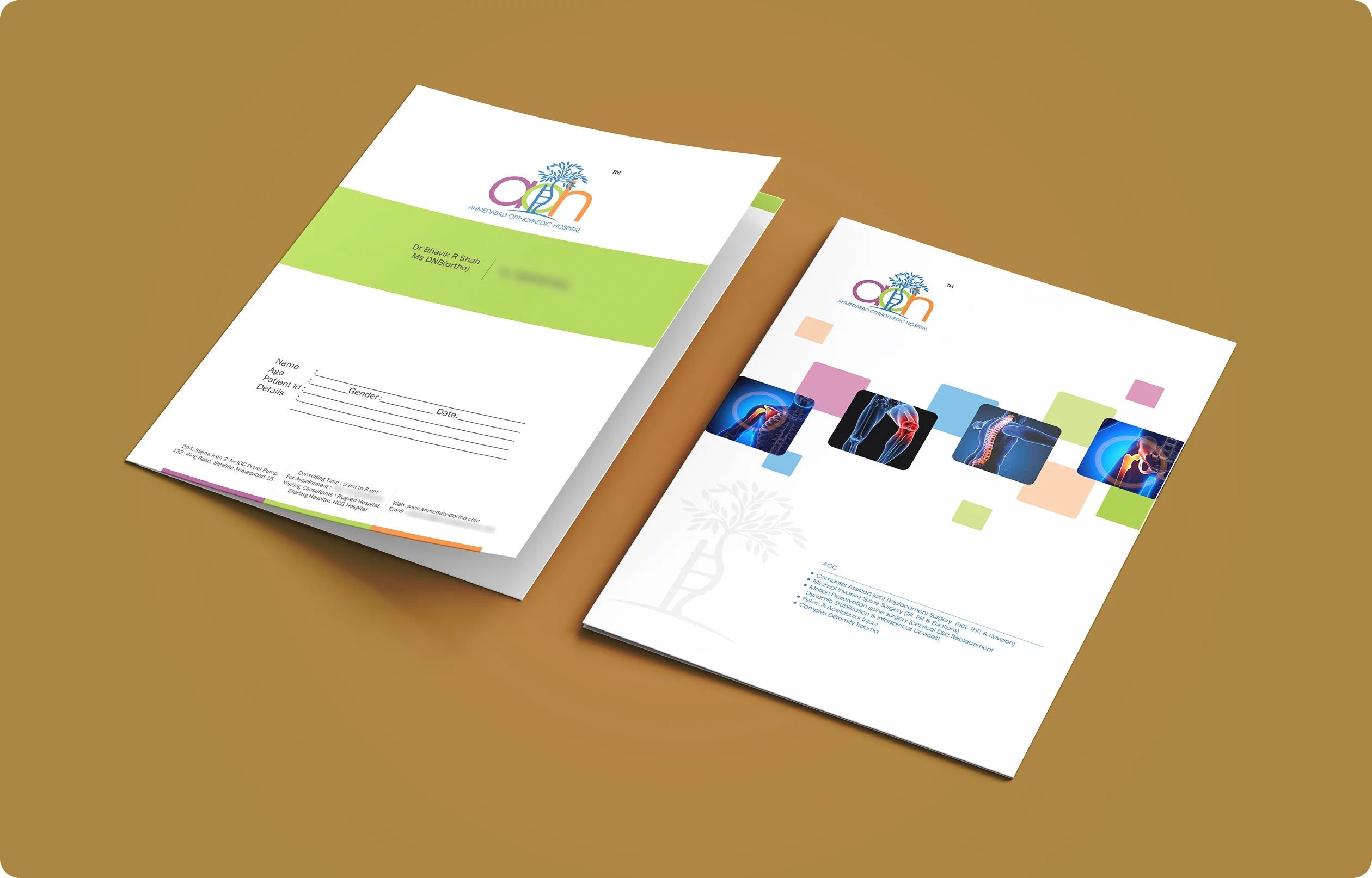 Ahmedabad Orthopedic Hospital stationery and brand collateral