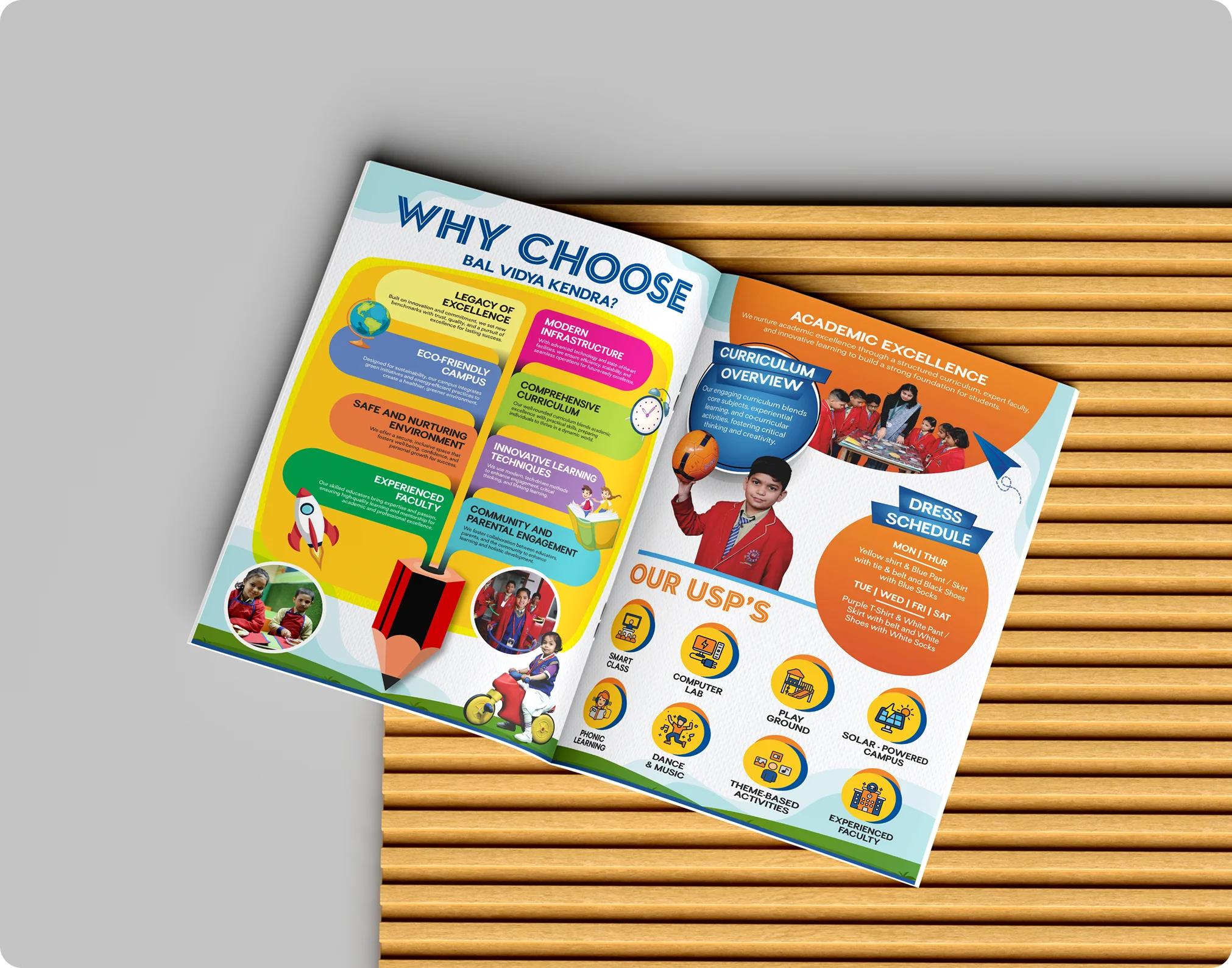 Bal Vidya Kendra brochure inner spread with academic highlights