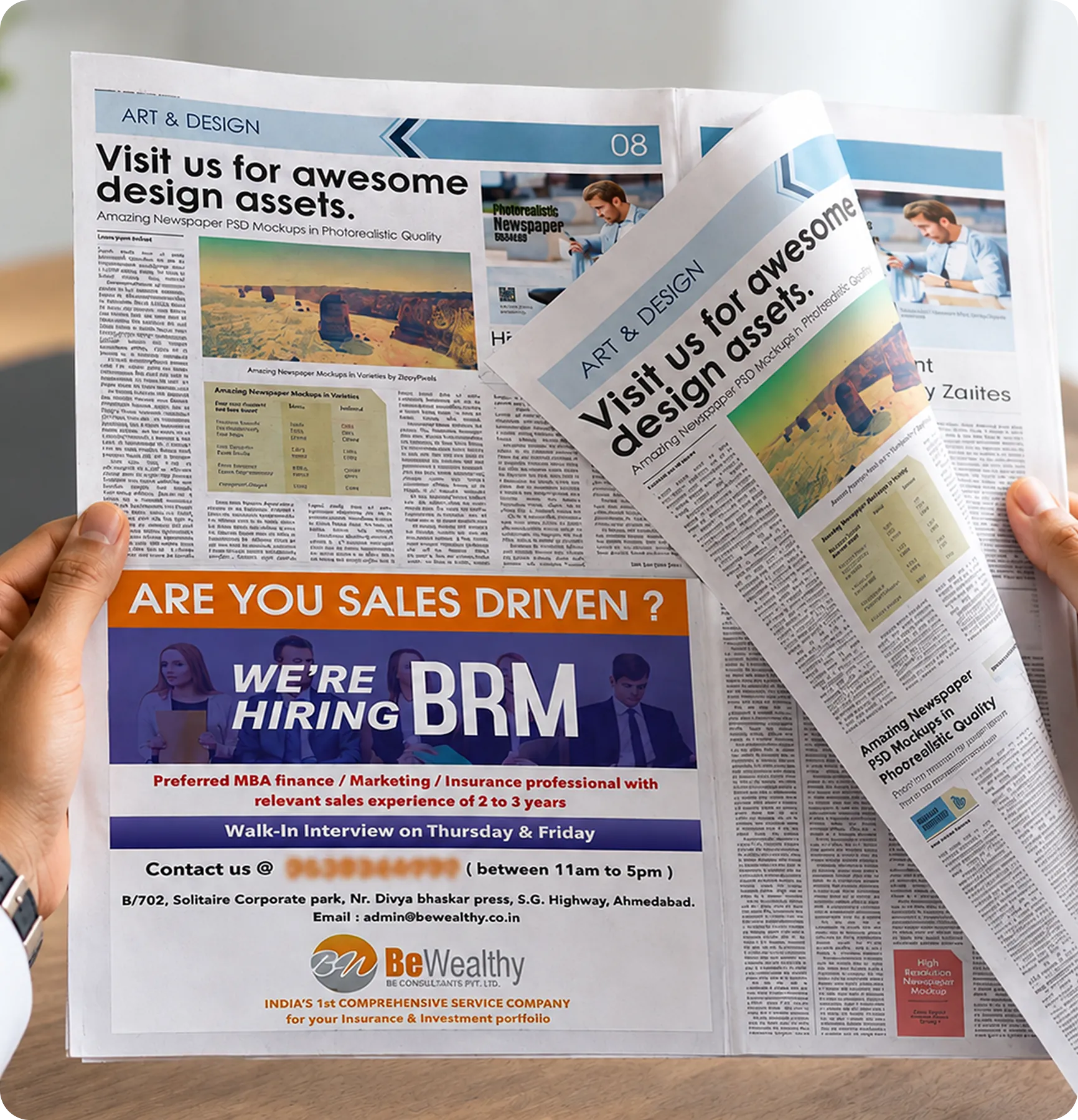 BeWealthy newspaper advertisement design for an insurance and investment brand