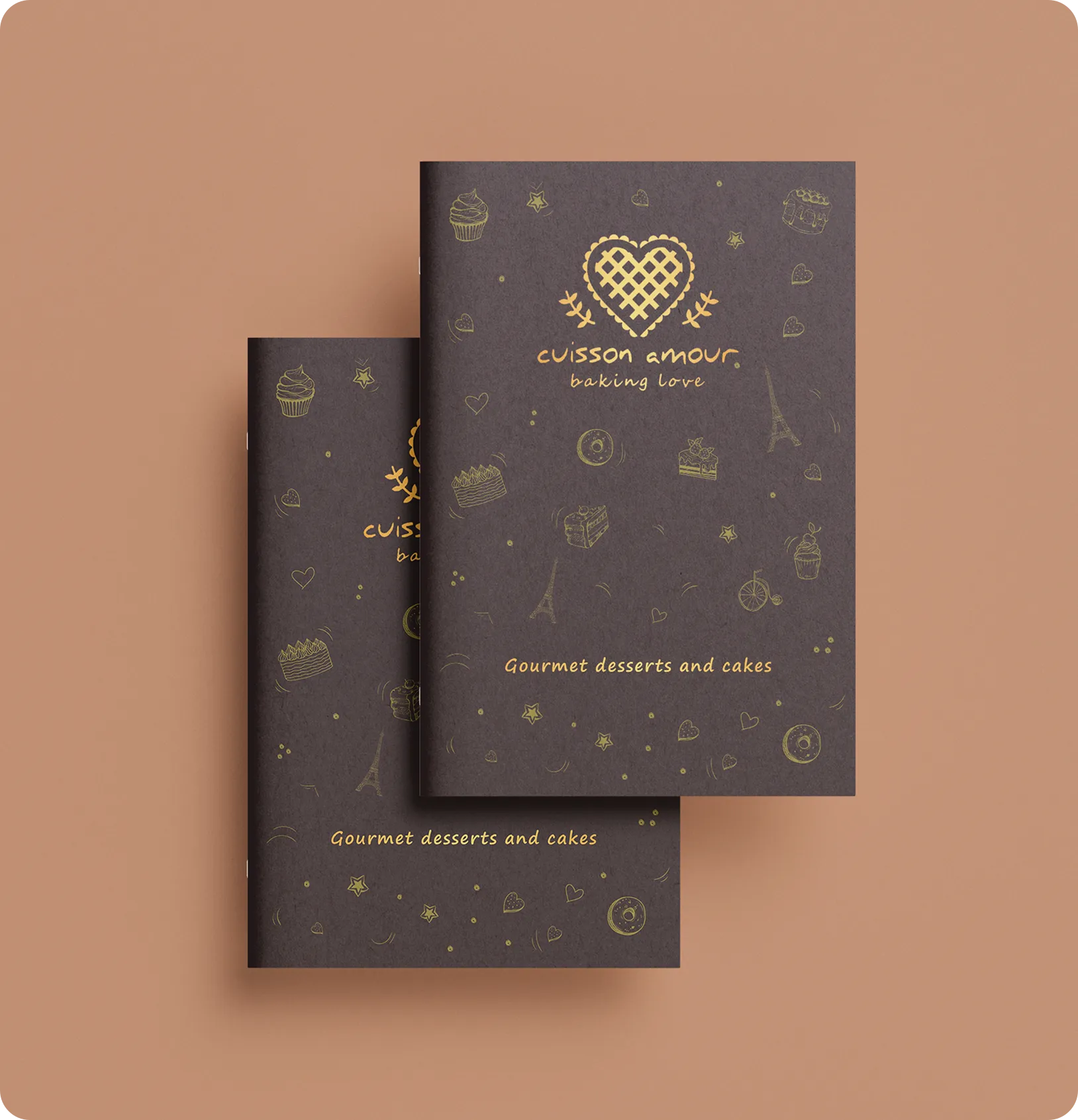 Cuisson Amour menu design: dark menu covers with gold heart logo