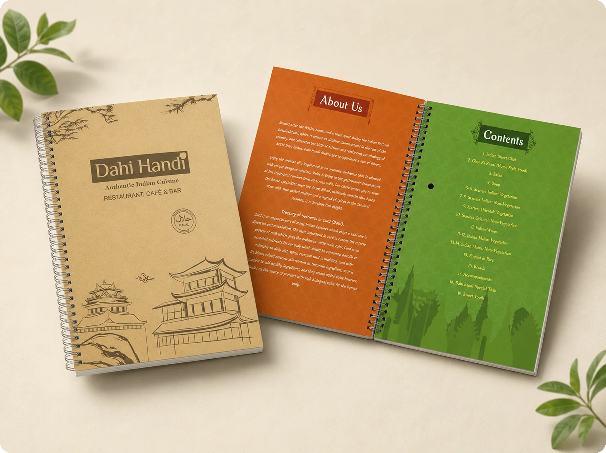 Dahi Handi menu cover and about us spread