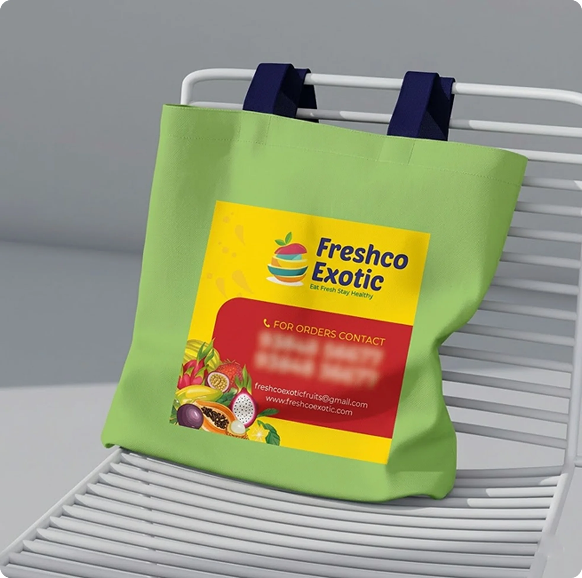 Freshco Exotic branded green shopping bag with fruit graphics