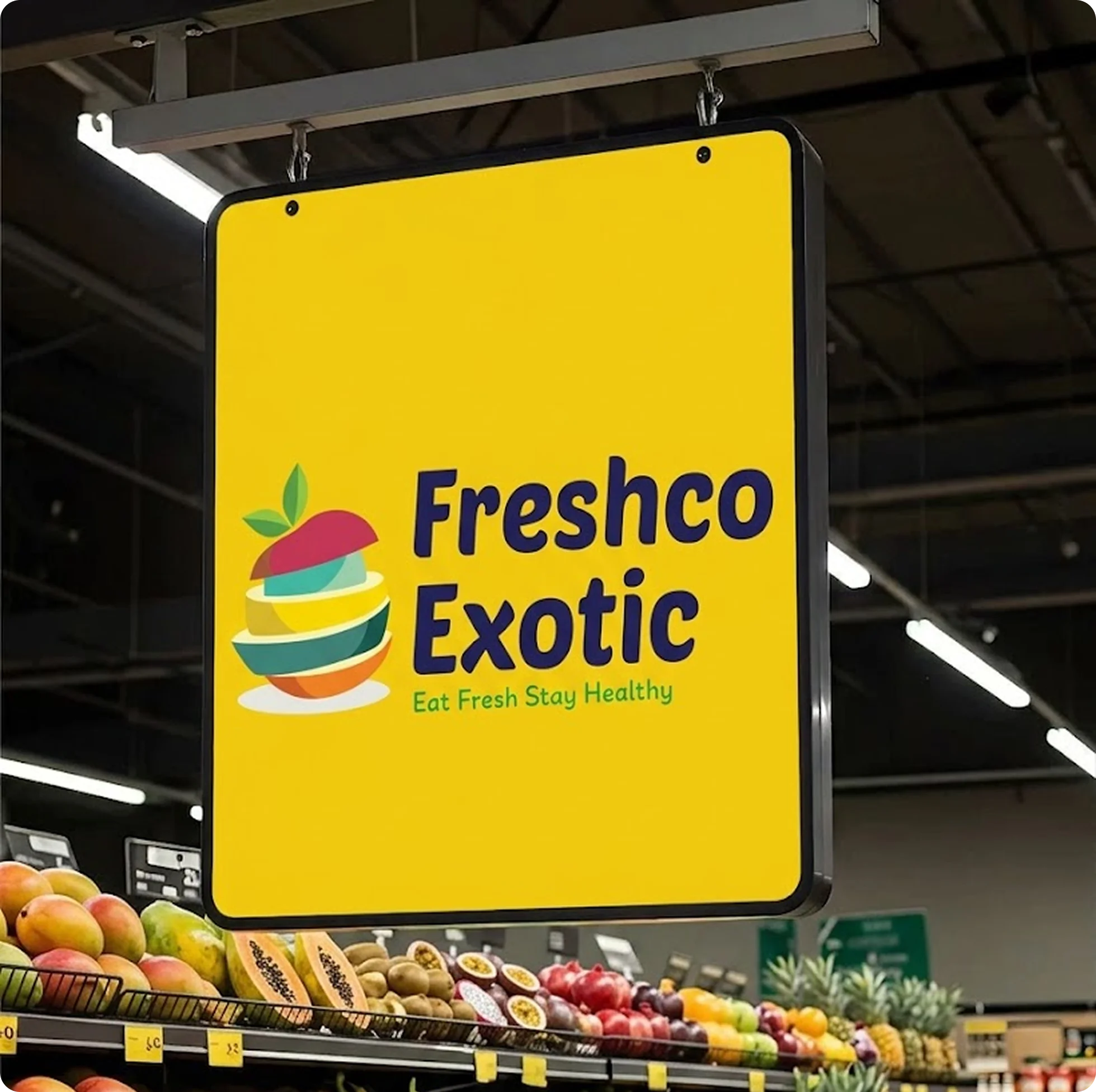 Freshco Exotic yellow in-store signage with logo
