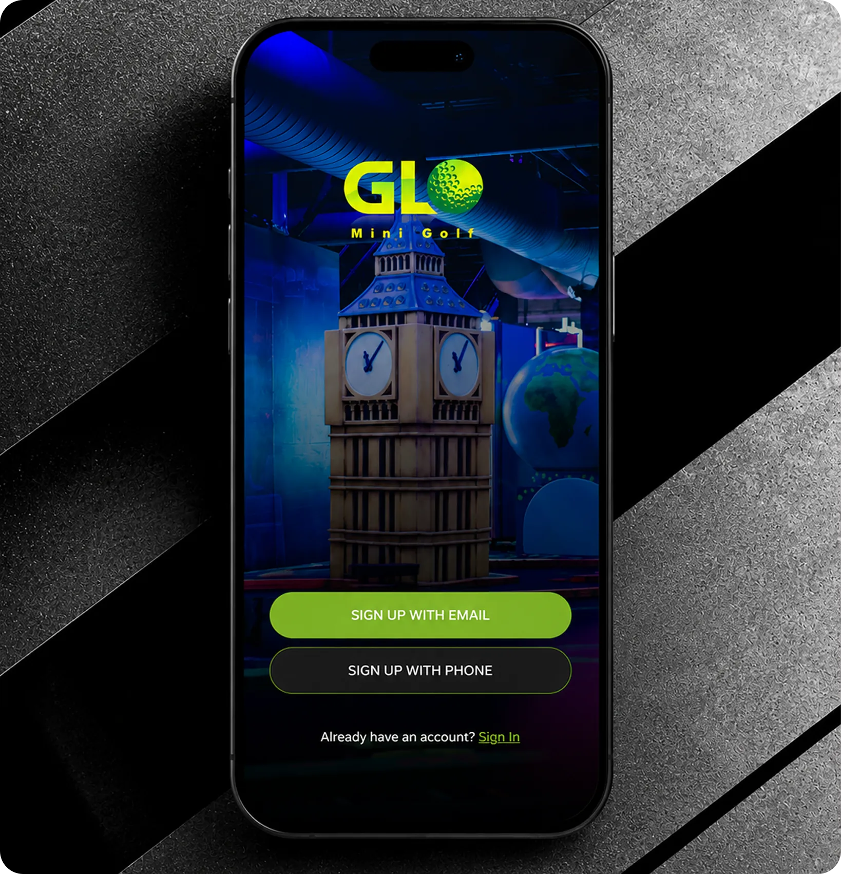 GLO Mini Golf app UI/UX design: sign-up screen on a phone