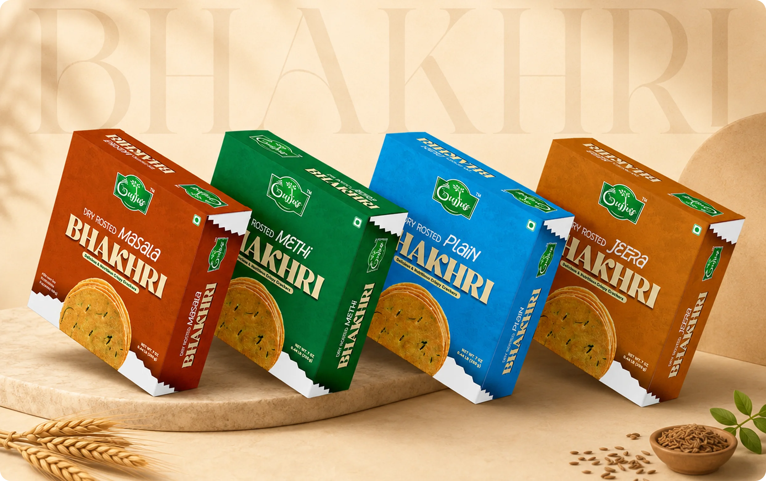 Gujju's colorful Bhakhari box lineup showcasing vibrant packaging design