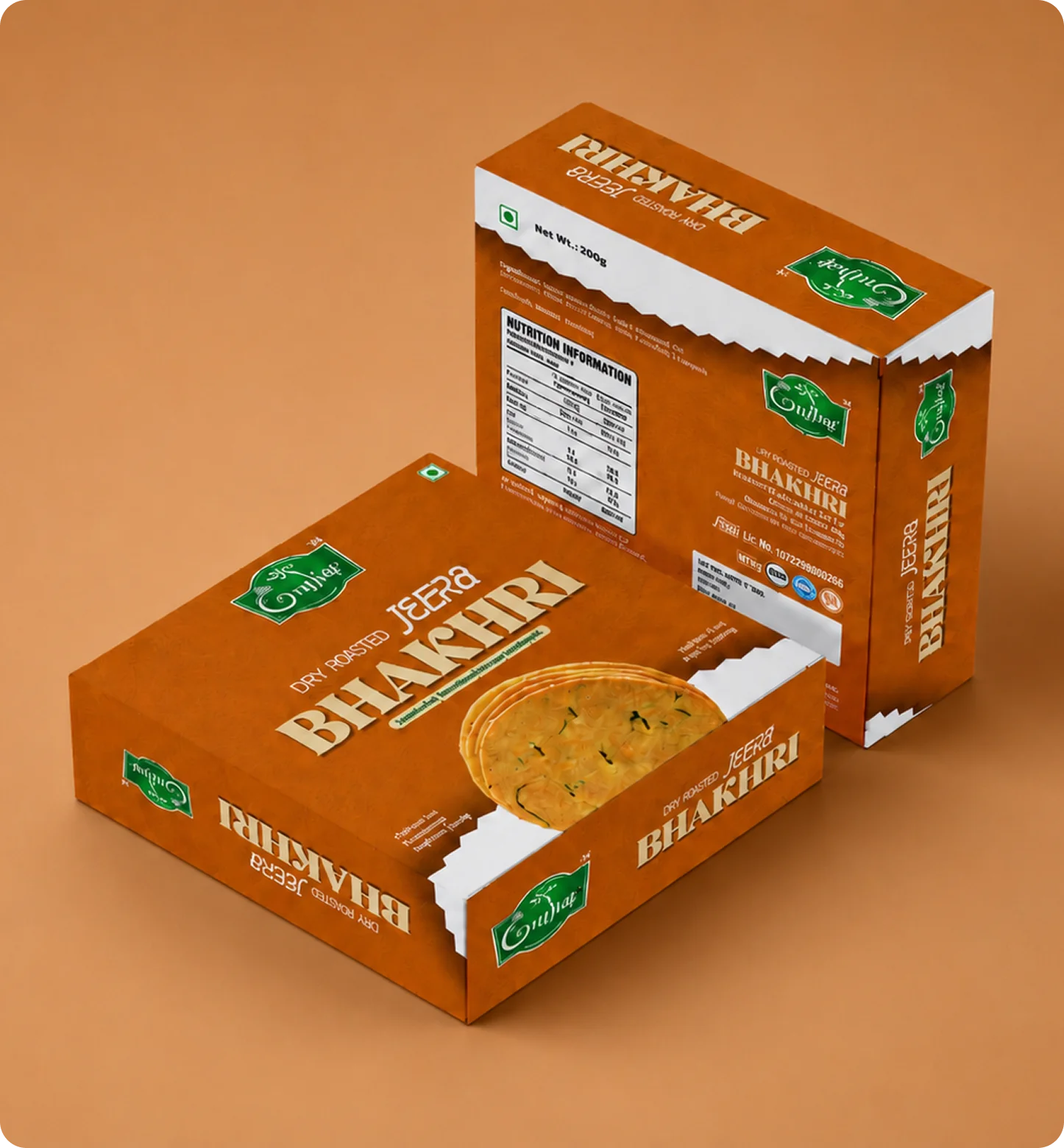 Gujju's stacked orange Bhakhari boxes on warm background
