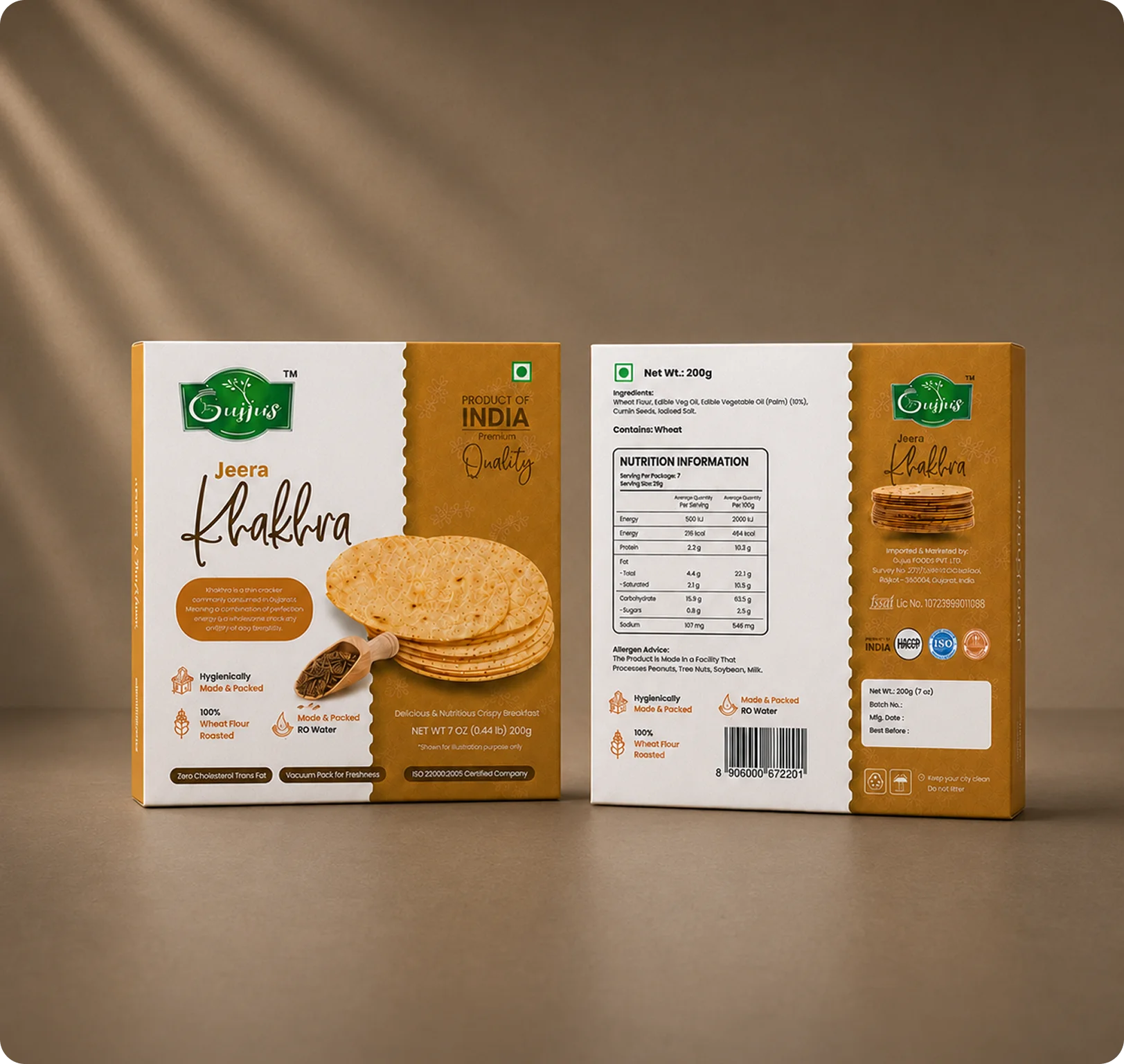 Gujju's Khakhra box front and back packaging design