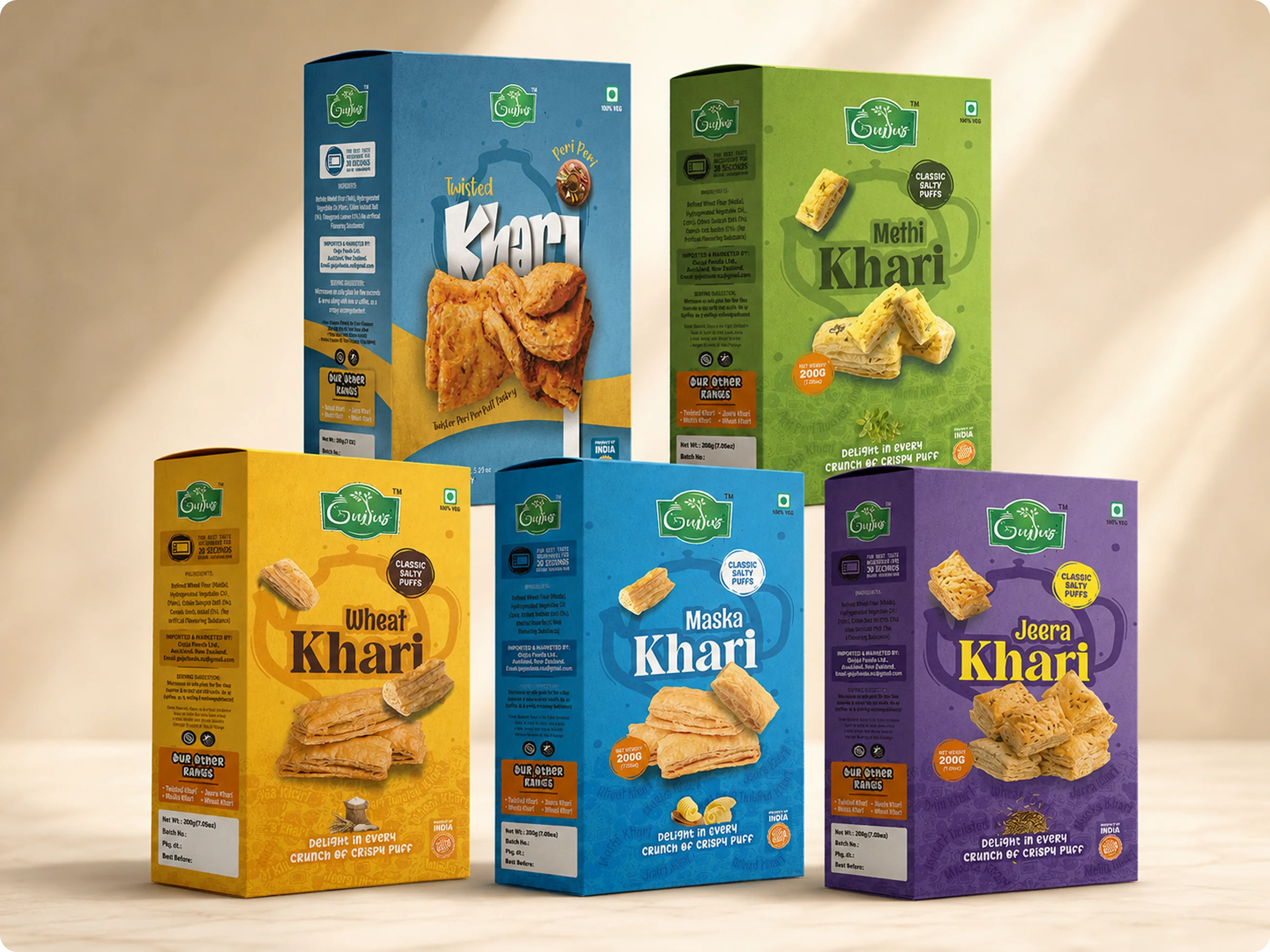 Gujju's Khari snack box pyramid arrangement with multiple flavors
