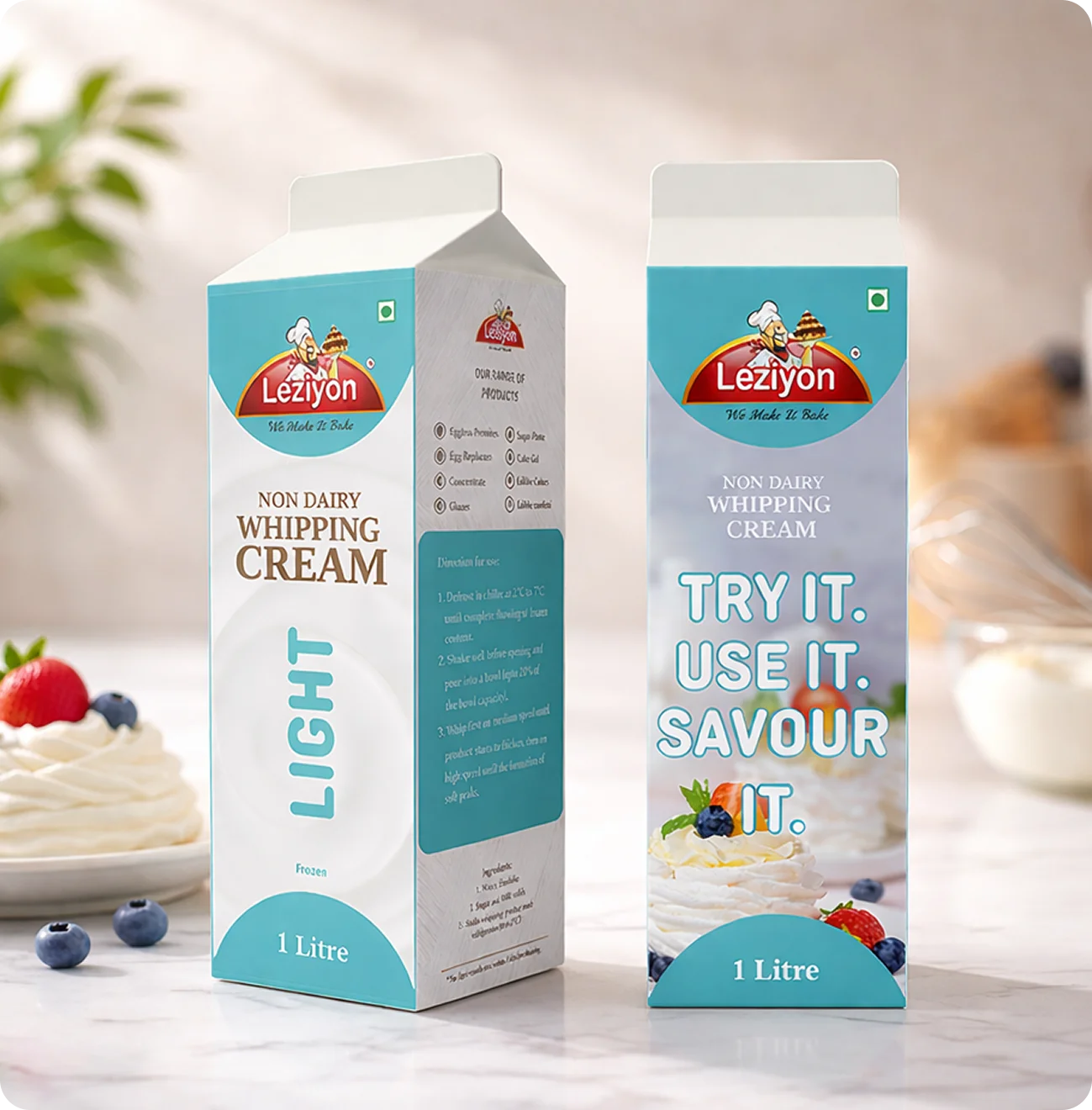 Leziyon Classic whipping cream cartons on pink background