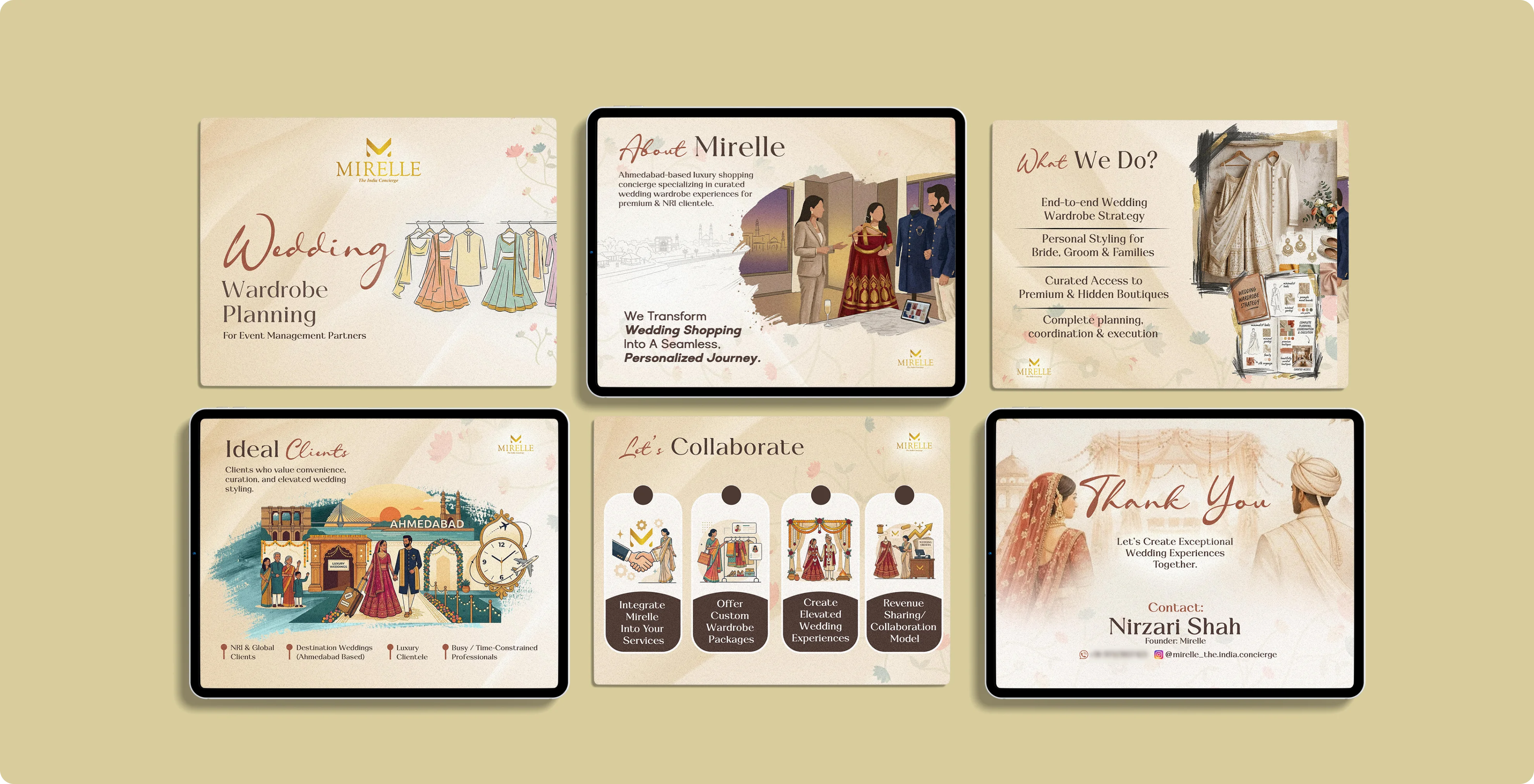 Mirelle wedding wardrobe planning presentation on tablet — About Mirelle, What We Do, Ideal Clients, Let's Collaborate and Thank You slides