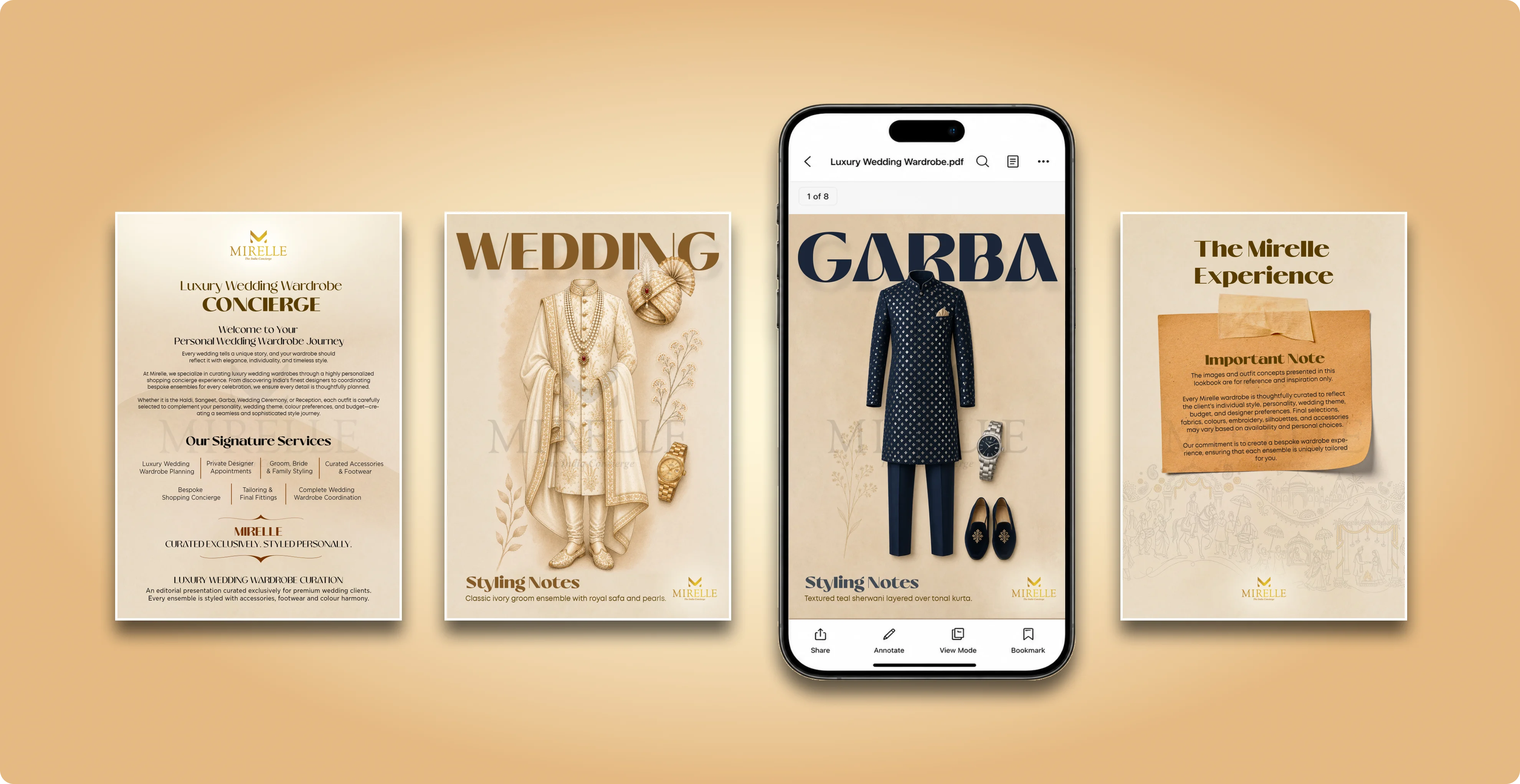 Mirelle luxury wedding wardrobe concierge — printed concierge guide, Wedding and Garba styling booklets, and The Mirelle Experience card