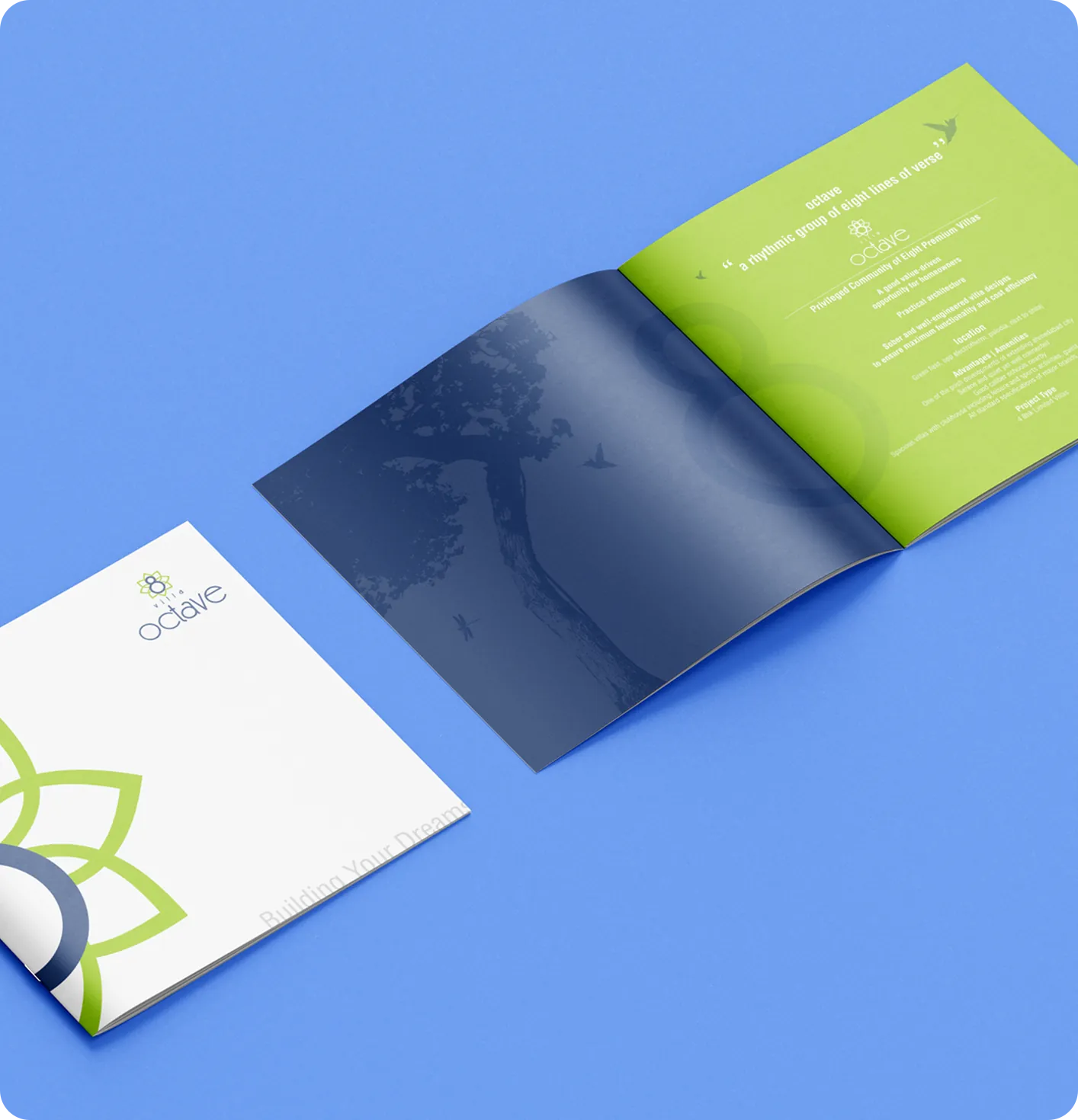 Villa OCTAVE brochure design: octave logo cover and open blue and green pages